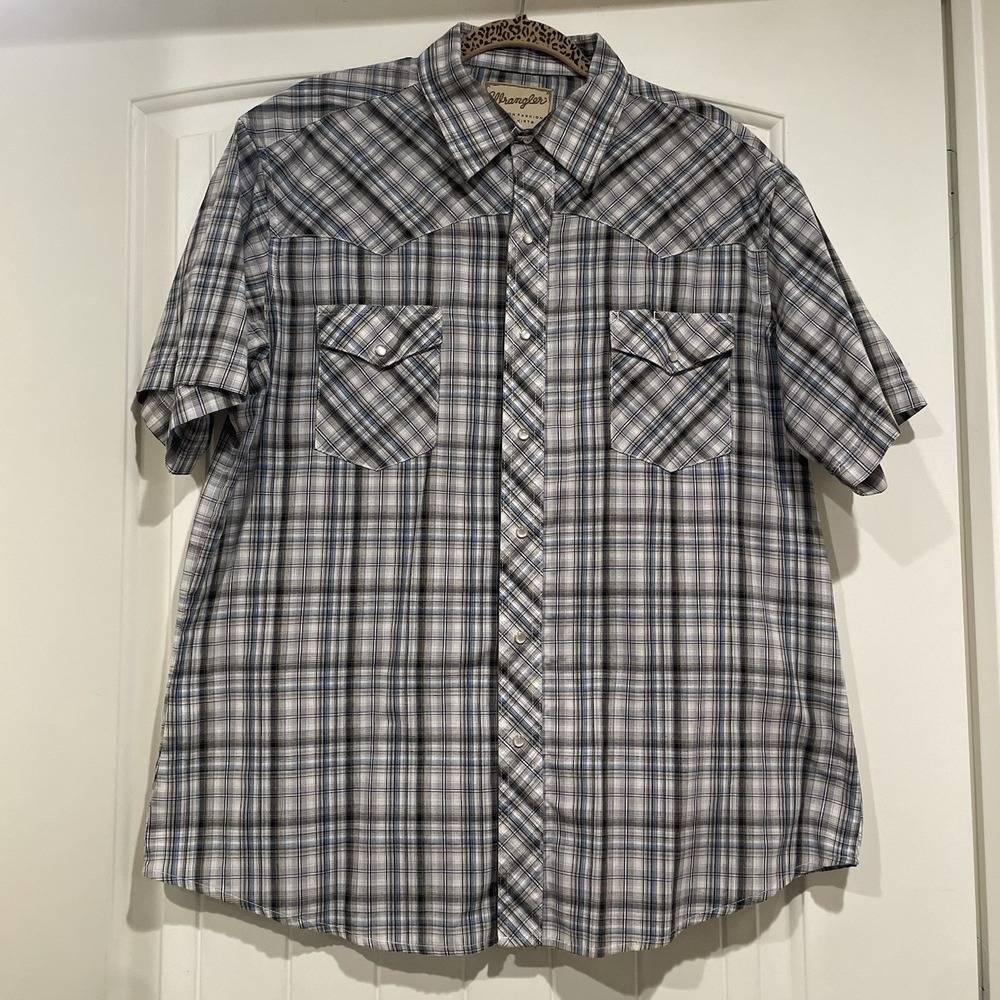 Wrangler‎ Men's Western Shirt Size XL Blue Plaid Short Sleeve Pearl Snap Cowboy